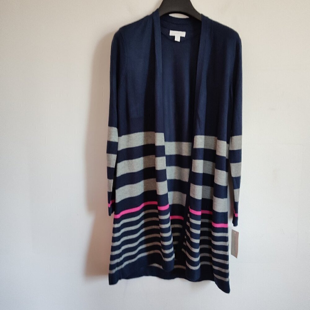Ladies Petite SZ PS Charter Club Navy/Grey/Pink St. Open Front Duster Ca…